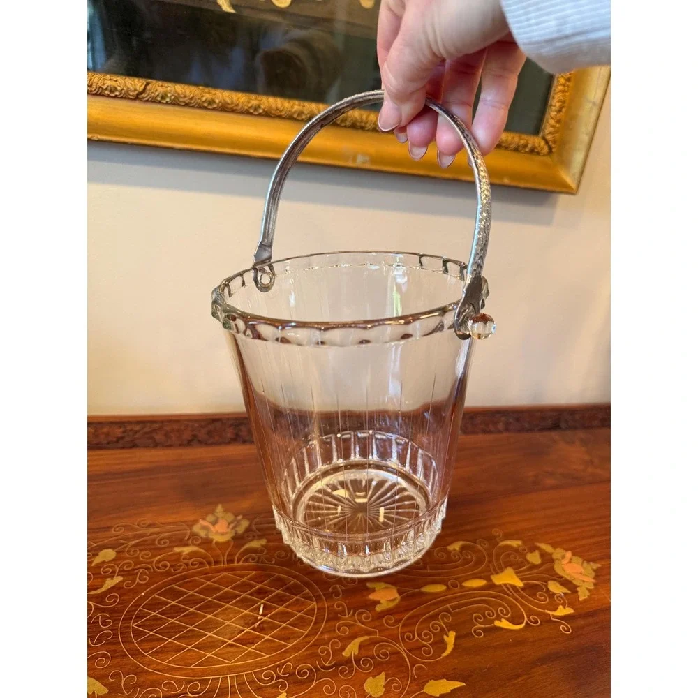 Vintage Glass Ice Bucket with Metal Handle Mid Century Barware‎